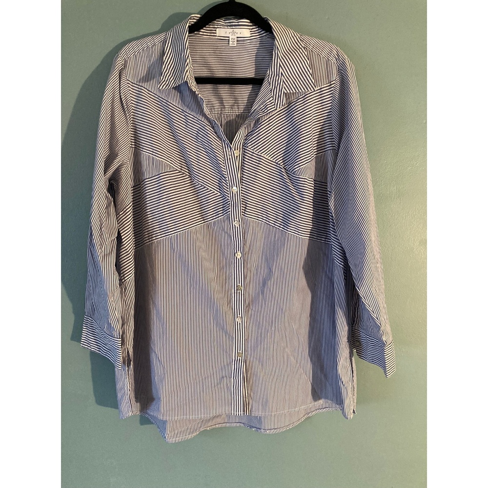 Fever button down blouse blue/white strip slit sides size 2x